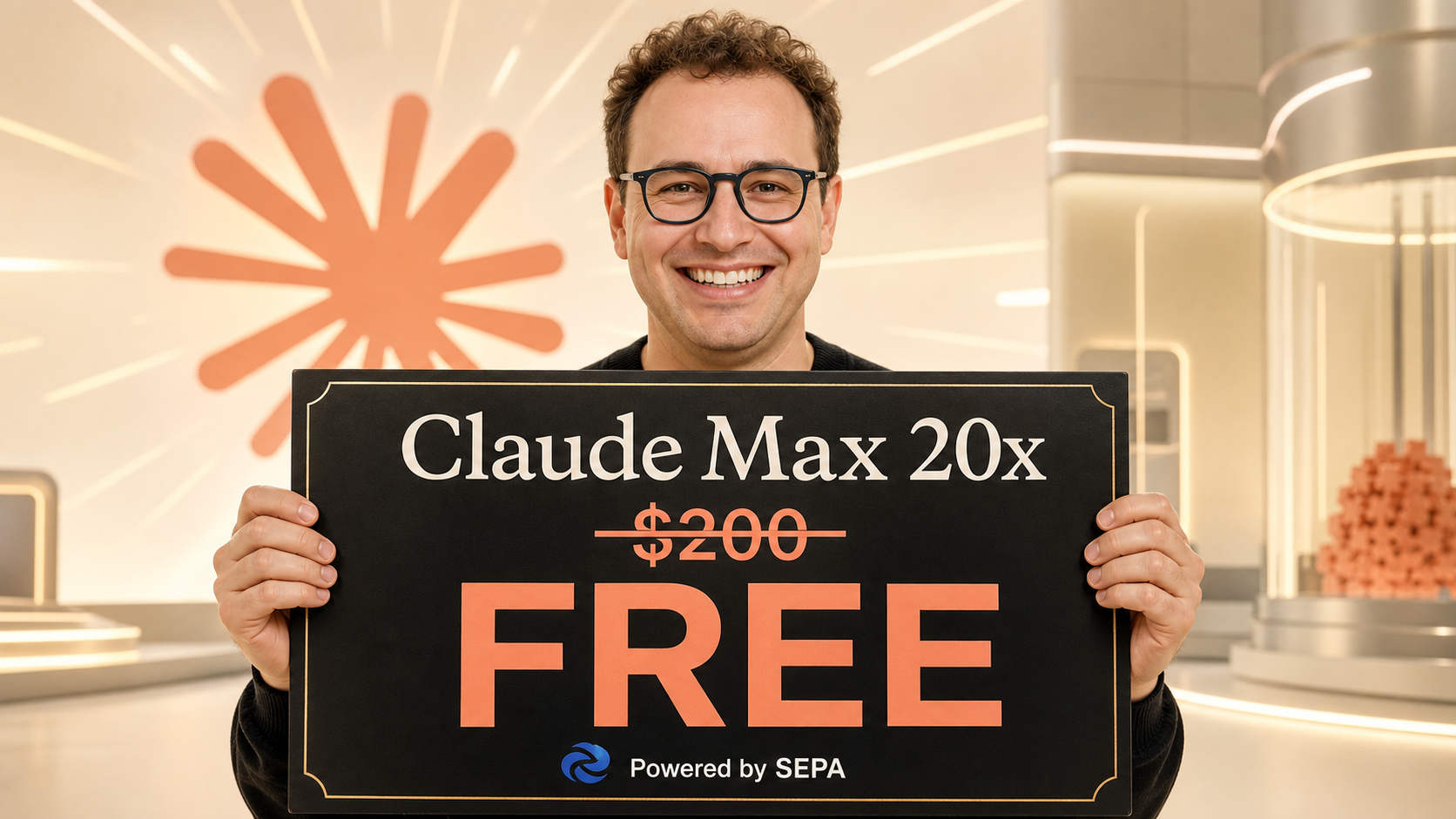 微笑的达里奥举着 Claude Max 免费牌子
